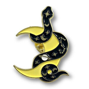 Gold enamel galaxy snake on a crescent moon pin